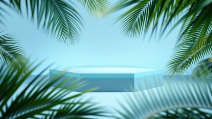 Fototapeta premium Hexagonal platform surrounded by lush tropical leaves. Soft blue lighting creates serene presentation space. Minimalist design.