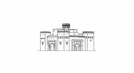 Naklejka premium Ornate stone fortress with multiple arched gateways and crenellated towers