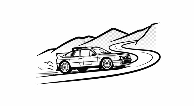 Rally car speeding on a winding mountain road with dust kicking up