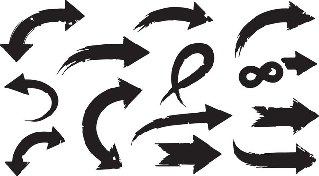 Set of grunge brush stroke arrows in black with spray paint collection direction straight infinity artistic navigate backward business movement abstract isolated previous