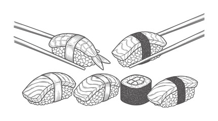 Hand drawn sushi assortment with chopsticks holding shrimp and salmon nigiri sashimi © Mohammad