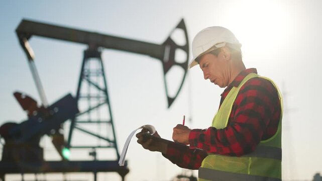 Male worker stands in sunny oil field. Engineer wears hardhat near pump. Man holds clipboard. Inspector is inspecting machinery. Worker writes document. Oil industry needs field worker at pump.