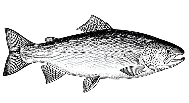 A meticulously drawn black and white illustration of a healthy salmon swimming in water, showcasing its distinctive spotted pattern and fins.