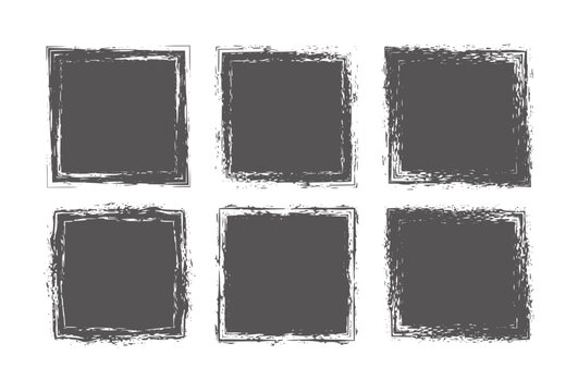 Six dark gray square frames with rough textured edges white grunge