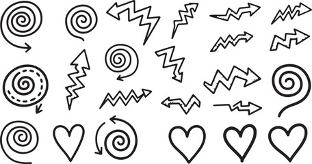 Obraz premium Set of 17 hand drawn black arrows hearts and swirls on white background illustration creative direction scribble collection isolated contrast decorative lightning