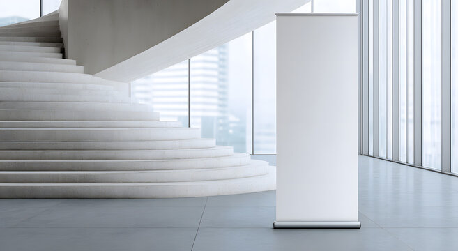 A white roll-up banner template is located next to the stairs in the lobby. An empty advertisement mockup is displayed in a business space. A commercial pull-up display.