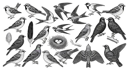 Obraz premium A dynamic composition of various birds and feathers illustrated in a detailed, scientific sketch style.