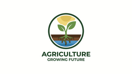 Fototapeta premium This logo emphasizes sustainable agriculture with a plant symbol, depicting organic growth and nurturing the future of farming, alongside a harmonious environment with earth elements.