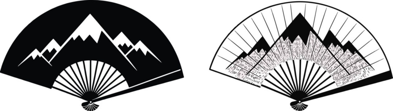 Elegant black and white traditional hand fans with mountain silhouette design