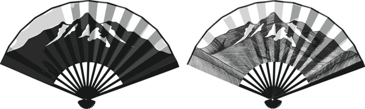 Black and white hand-painted mountain landscape folding fans set
