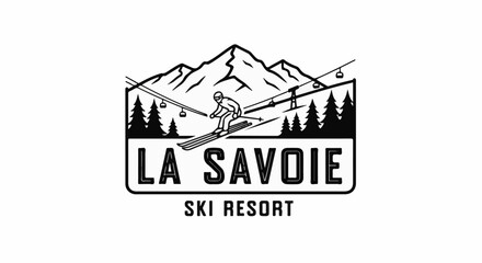 Naklejka premium Stylized black and white mountain ski resort scene with skier, trees, and lifts