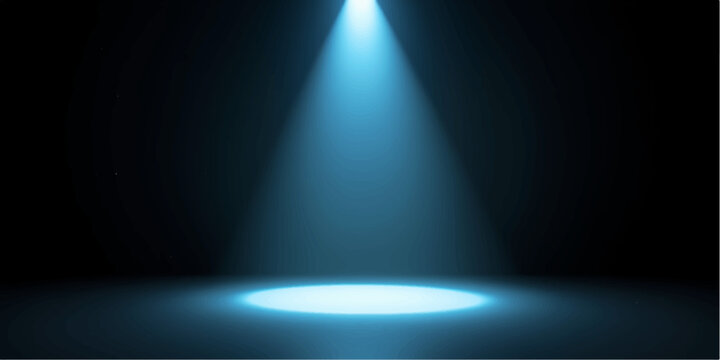 A bright blue spotlight beam shines on an empty theater stage, creating a glowing circular spot against a dark backdrop design for a music concert or show scene