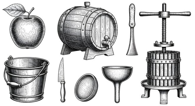 A collection of vintage illustrations features an apple, a wooden barrel, a bucket, a knife, a funnel, and a fruit press for cider making.