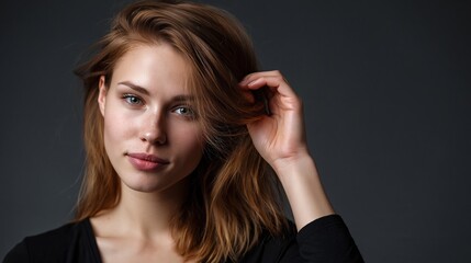 Fototapeta premium This captures the essence of natural beauty and youthful freshness. A young Caucasian woman with red hair and freckles gazes directly at the camera, her hand gently touching her hair. The portrait.