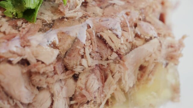 Homemade beef aspic on plate, topping with parsley and dill. High quality 4k footage