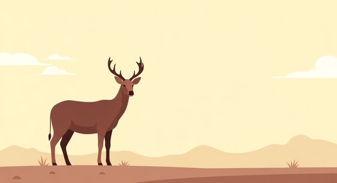 Majestic male deer with impressive antlers standing gracefully in a minimalist vector illustration designed with a warm and soft color palette