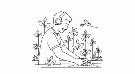 Obraz premium Person wearing headphones planting seedlings in a garden with a bird