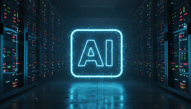 Artificial intelligence, data center computing. AI symbol in server room represents machine learning processing, cloud infrastructure and advanced digital analytics systems. AI computing, 3d rending