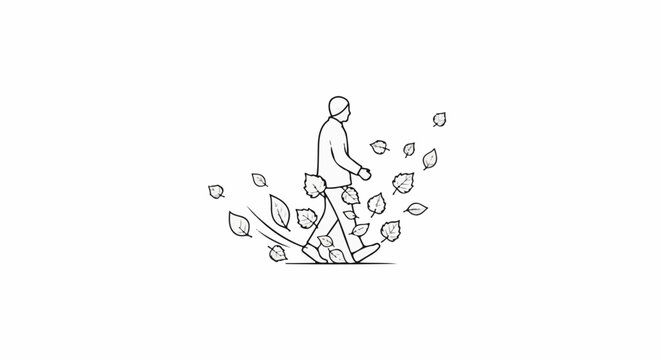 Person walking through a swirl of falling leaves