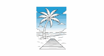 Obraz premium A wooden boardwalk leads to a tropical beach with a palm tree