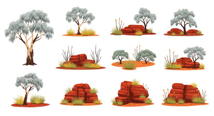 A collection of eleven isolated illustrations featuring Australian outback elements like eucalyptus trees red sandstone rocks and dry grasses © Faisal