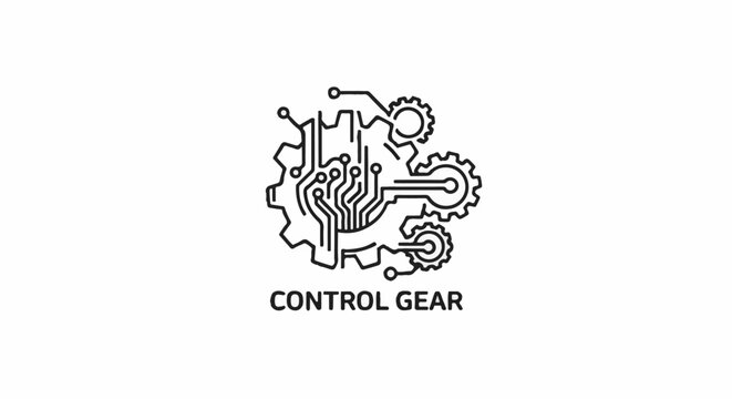 Mechanical gears integrated with electronic circuit pathways, conceptual tech logo