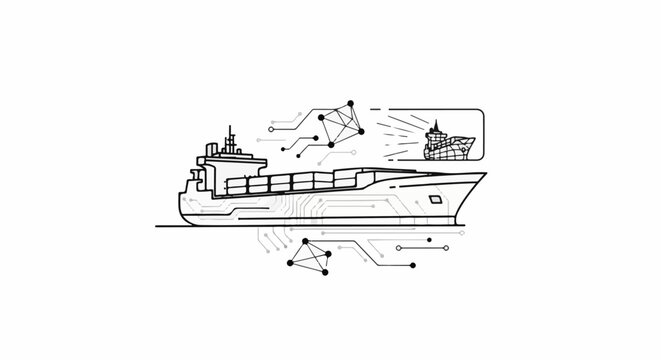 Stylized graphic of a large cargo ship with digital network elements