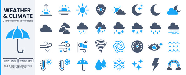 Naklejka premium Weather forecast glyph icons set. Sun, rain, thunder storm, wind, snow cloud, moon, UV index flat pictogram vector illustrations. Blue minimalist silhouette signs UI elements for web meteorology.