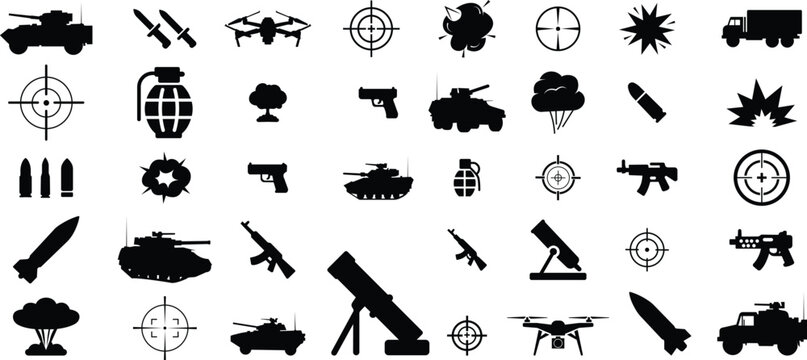Military weapon icon set collection group, army war equipment, gun rifle missile tank grenade symbols, combat defense icons in black flat and line style vector, battlefield technology symbol pack