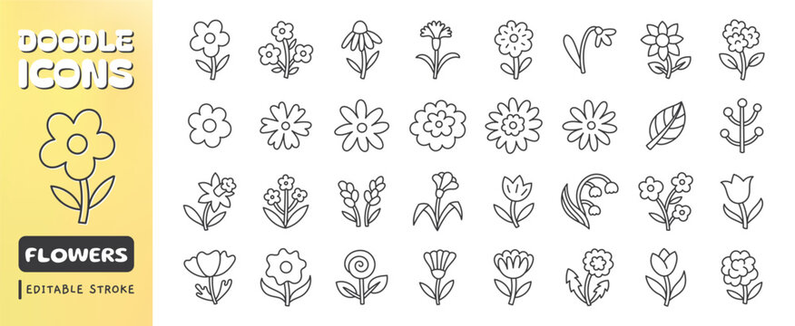 Flower line icon set, naive doodle thin linear art. Collection of hand drawn field blossoms - rose, tulip, sunflower, daisy, poppy. Simple illustrations floral botanical elements. Editable Stroke
