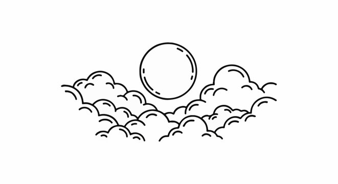 Minimalist line art of a celestial orb surrounded by stylized clouds