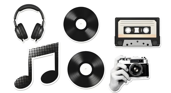 A collection of vintage-style stickers featuring headphones, vinyl records, a cassette tape, a musical note, and hands holding a camera, designed with a creative halftone dot pattern.