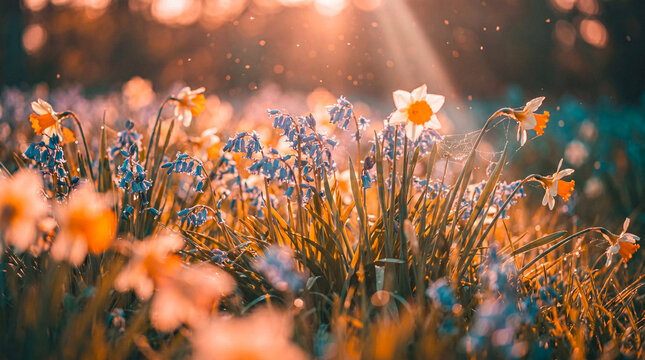 Field of vibrant daffodils and bluebell flowers basking in the golden glow of a warm, radiant sunset light.