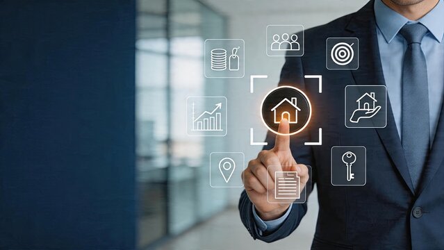 Businessman selecting digital real estate icon smart investment technology financial growth graph security hand holding house symbol location pinpoint map marker key access