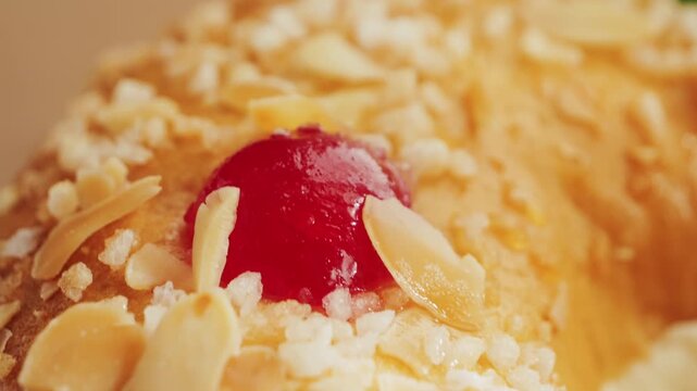 A sweet spanish cake Roscon de Reyes dessert topped with almonds, berries, and candied fruit. High quality 4k footage