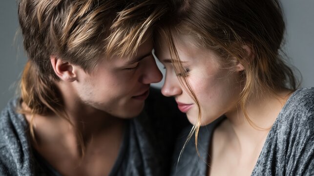 This captures an intimate moment between a young couple, their foreheads gently touching as they share a tender connection. It is a close up portrait emphasizing their faces and expressions of serene.