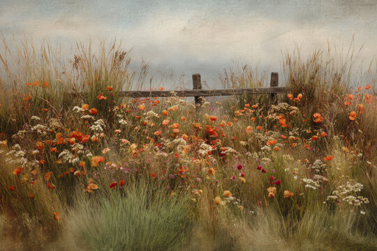 Impressionist style oil painting of flower meadow and rural landscape. Impasto painting.