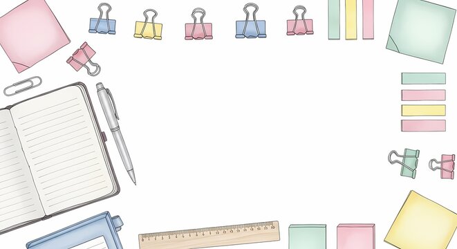 A colorful assortment of office stationery items surrounds an open notebook on a desk.