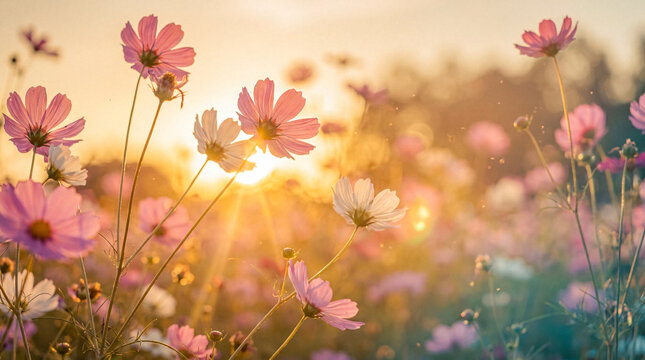 Picturesque field of vibrant cosmos flowers gently swaying in the breeze, beautifully backlit by the warm.