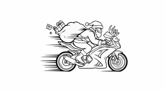 Santa Claus riding a speedy motorcycle with gifts and a reindeer