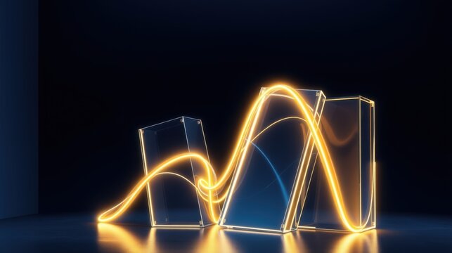 Abstract glowing lines weave between clear rectangular prisms. Dramatic lighting creates strong shadows, emphasizing form, depth. Modern, minimalist aesthetic.