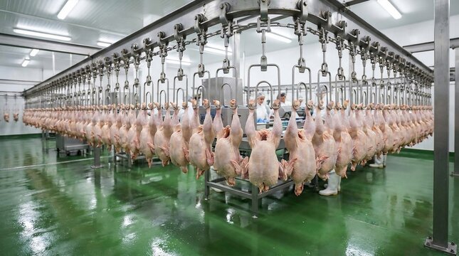Automated chicken processing line in a modern poultry factory.