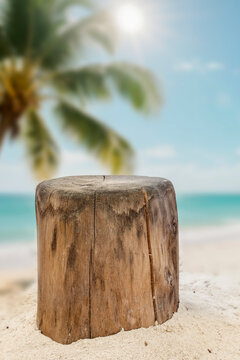 Tree trunk standing on a sandy beach casting natural shade and creating clean copy space for product placement. Bright sunlight and a hot summer atmosphere enhance the tropical vacation mood. 