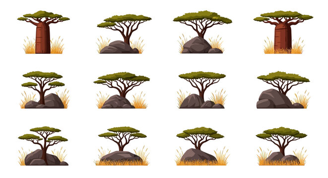 A collection of twelve digital illustrations depicting stylized savanna trees including baobabs and acacia set against rocks and grass