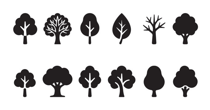 A collection of stylized black tree icons representing various shapes and seasons, perfect for illustrating nature, growth, or seasons in design projects.