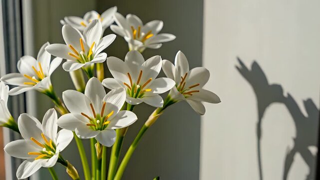 Delicate white rain lilies bloom in soft sunlight casting shadows.