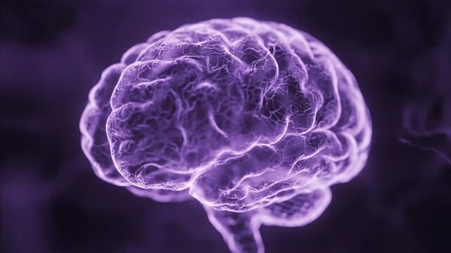 The human brain glows bright purple in a dark environment showing its intricate details.