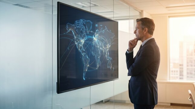 Professional businessman looking at a global network map on a large digital screen in a modern office representing global connectivity.