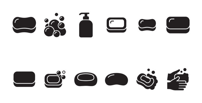 Collection of black and white vector icons representing soap, sponges, bubbles, and a soap dispenser against a clean white background.