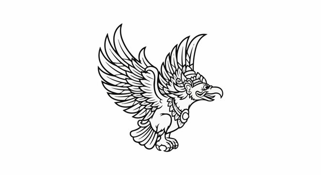 Detailed line art of a mythical winged creature with ornate head adornments